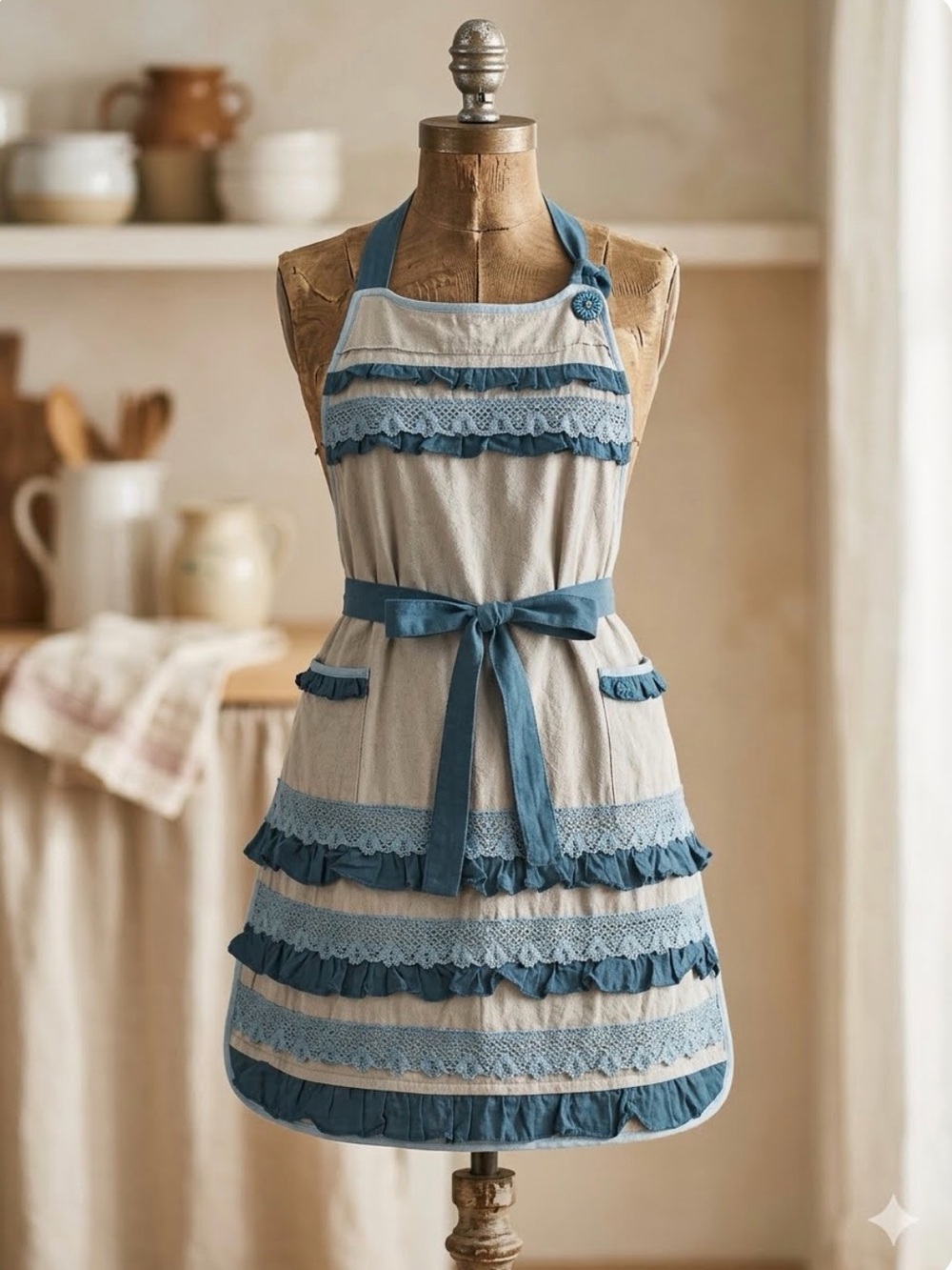 Anthropologie Tiered Ruffle Apron, Gray Blue Lace Crochet Apron, Y2K